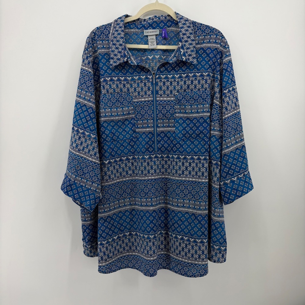 Catherines Womens 3XWP Blue Quarter Zip Geometric Print 3/4 Sleeve Blouse Top